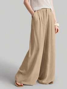 Ontre 2026SS New Women's Wide Leg Trousers, Casual Loose Pants With Pleated Waist, Suitable For Bohemian Style, Ibiza, Holidays, Festivals, Wedding Guests, Office, Teachers, Back To School, With Pockets, Relaxed Fit, Stylish Urban Chic Style, Versatile Women's Trousers For Spring/Summer - 卡其色 - 查看 12