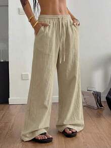 100% Cotton Washed White Trousers, Basic Minimalist Bohemian Style, For Summer Concerts, Outings And The Beach - 杏 - 查看 2