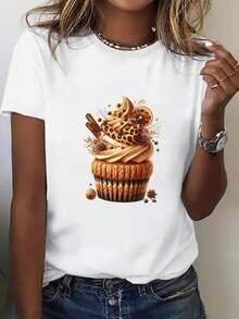 Size - Women's T-Shirt - Soft, Casual Everyday T-Shirt With Cupcake Graphic, Loose Fit For Birthday Parties, Daily Wear, And Spring/Summer Outfits - Non-See-Through Fabric, Easy-Care Women's Shirt, Spring Fashion, Playful Design, Breathable Material, Short-Sleeved T-Shirt, For Cupcake Lovers - 白色 - 查看 2