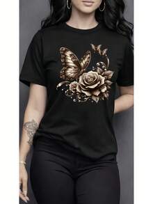 Women's Clothing, Women's T-Shirt, Casual Short Sleeve Round Neck Top, Medium Elasticity Fabric, Machine Washable, Comfortable Fit For All Seasons, Women's T-Shirt With Unique Design, Comfortable Fit - 黑色 - 查看 1