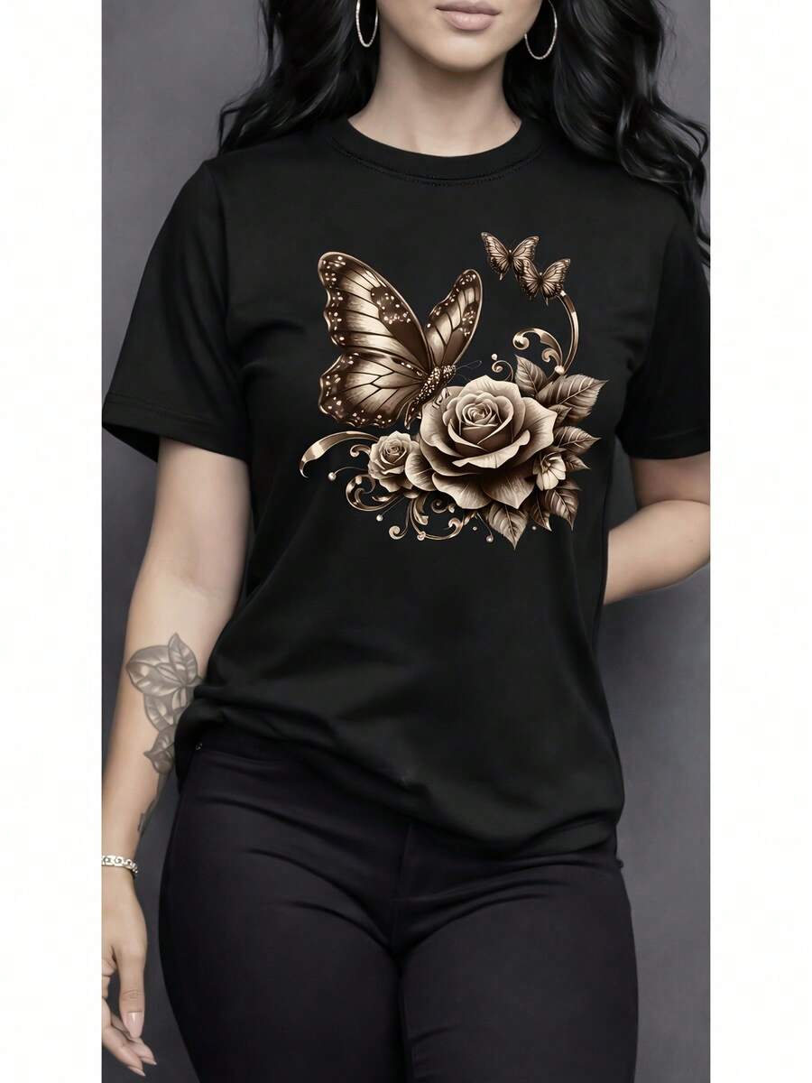 Women's Clothing, Women's T-Shirt, Casual Short Sleeve Round Neck Top, Medium Elasticity Fabric, Machine Washable, Comfortable Fit For All Seasons, Women's T-Shirt With Unique Design, Comfortable Fit - 黑色 - 查看 1