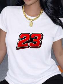 Comfortable Women's Chicago 23 Print T-Shirt, Urban Style T-Shirt, Breathable Everyday T-Shirt, Chicago American Urban Fashion Top, Chicago T-Shirt, Summer Clothes, Geometric Print, Comfortable Material, Short Sleeve T-Shirt JDAGLoose Versatile Short Sleeve T-Shirt For Women - 白色的 - 查看 12
