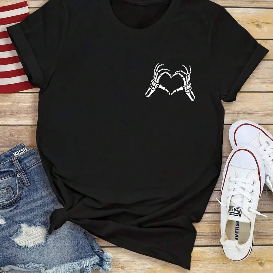 Women's Gothic Casual T-Shirt - Semi-Sheer Round Neck Short Sleeve Blouse, Stretch Polyester Fabric, Machine Washable, Ideal For Spring And Summer Layering - Straight Fit (Doesn't See Under Layers) - Black - View 1