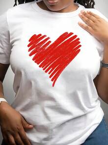 Women's Fun Short-Sleeved T-Shirt With "Painted Heart" Print, Made Of Soft And Breathable Polyester Fiber, Medium Elasticity, Machine Washable, Casual Short-Sleeved T-Shirt With Round Neck And Print, Women's Clothing, Versatile Top For Everyday Wear In Summer. - 白色 - 查看 7