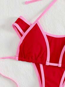 PEPPERMOLLY Bộ bikini hai mảnh màu đỏ và hồng ombre, kiểu buộc dây phía trước với áo ngực tích hợp dành cho nữ, thích hợp cho kỳ nghỉ biển. - Đỏ - Xem 5