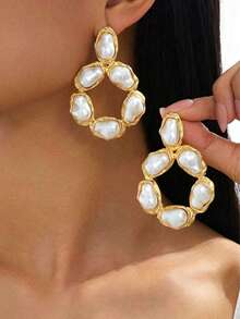 2pcs/Set Fashionable Elegant Unique Retro Asymmetric Baroque Faux Pearl Earrings & Necklace Set, Luxury Accessories For Women, Suitable For Daily Wear, Parties, Dates, Banquets - 1 Pair Of Earrings - View 4