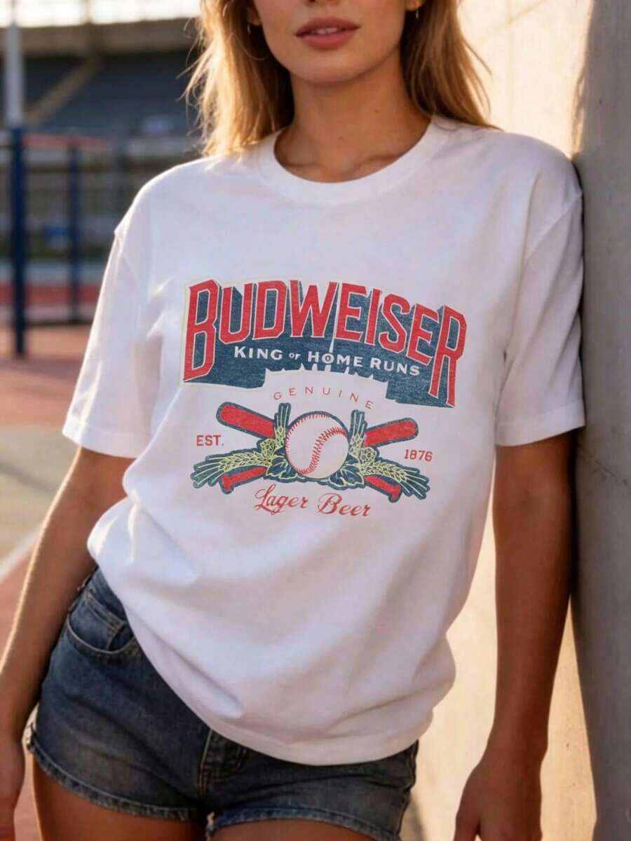 Limited Time Offer Women's Letter Print T-Shirts, Casual Women's T-Shirts Limited Time Offer Funny Minimalist T-Shirts 1876 THIS BUD'S FOR YOU, KING OF BEERS Love Drinking Beer Identification Women's Pure Cotton Casual T-Shirt, Simple And Attractive Print, Short Sleeve Crew Neck T-Shirt, Fun Summer Urban Style, Surprise Gift For Family And Friends HMF1 - 白色 - 查看 1