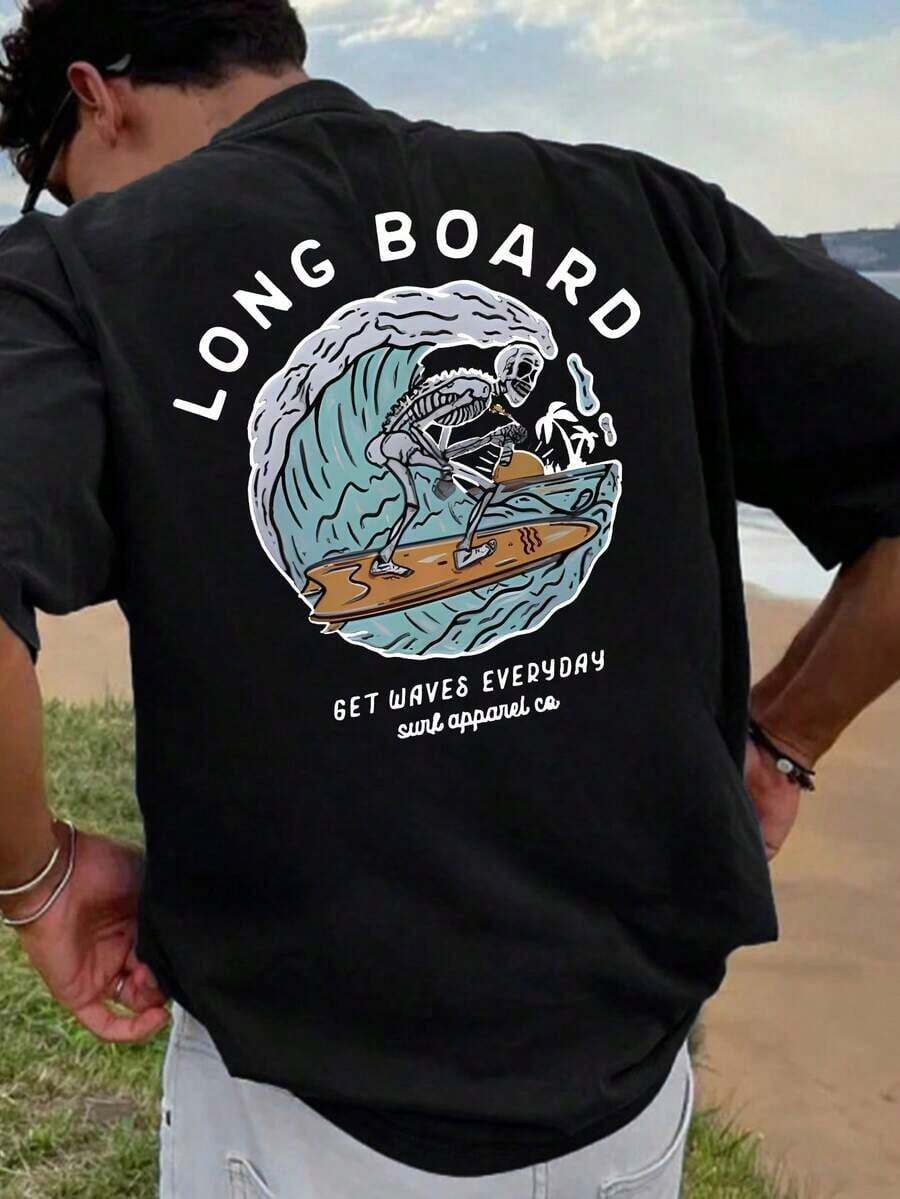 Men's Short Sleeve T-Shirt With Beach And Surf Elements Print, Comfortable And Breathable, For Summer Use - 黑色 - 查看 1