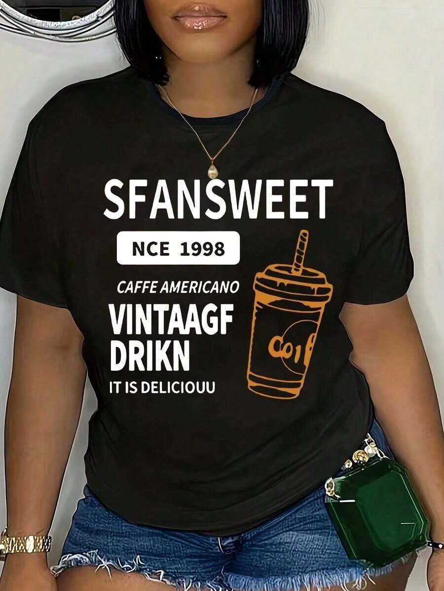 Women's Short-Sleeved T-Shirt With Round Neck And "Coffee Americano Vintage Drink Sfansweet Since 1998" Print, Ideal For Casual Wear And Everyday Summer Outfits. - 黑色 - 查看 1
