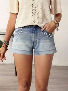 Shorts vaqueros casuales de mujer con decoración de perlas sintéticas - Azul - Ver 5