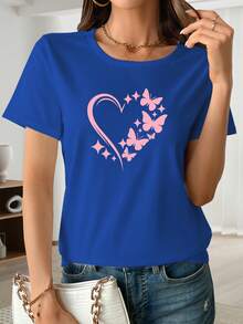 Women's Fun "Artistic Heart And Butterfly" Pink Short-Sleeved T-Shirt, Made Of Soft And Breathable Polyester Fiber, With Medium Elasticity, Machine Washable, Casual Short-Sleeved T-Shirt With Round Neck And Print, Modern Style, Short-Sleeved Top, Novelty For Summer. - 藍色 - 查看 7