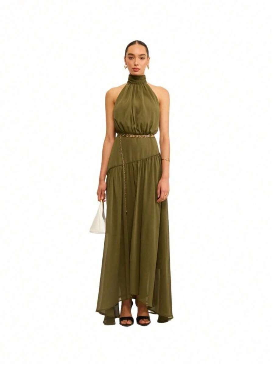 Elegant Midi Dress 2026 European And American Style, Halter Neck, Open Back With Floating Ribbons, Sensual Design For Women - Olive Green - View 1