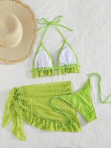 Conjunto de bikini de 3 piezas con tapa de falda, estilo de vacaciones en la playa, para mujer, con bikini halter sin espalda y encaje sexy - Verde lima - Ver 2