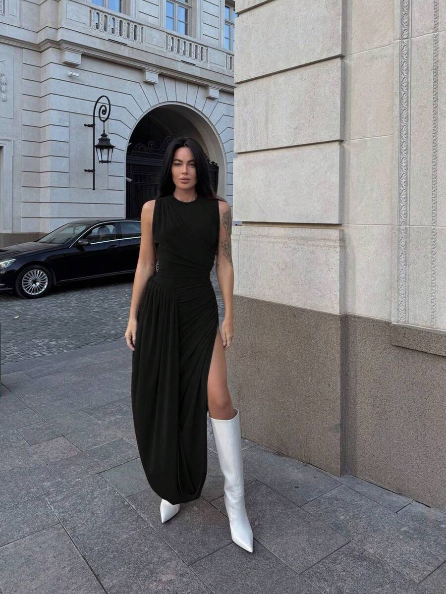 Vestido sin mangas cuello redondo verano pliegues abertura corte ajustado elegante moderno estilo único para mujer - Negro - Ver 1