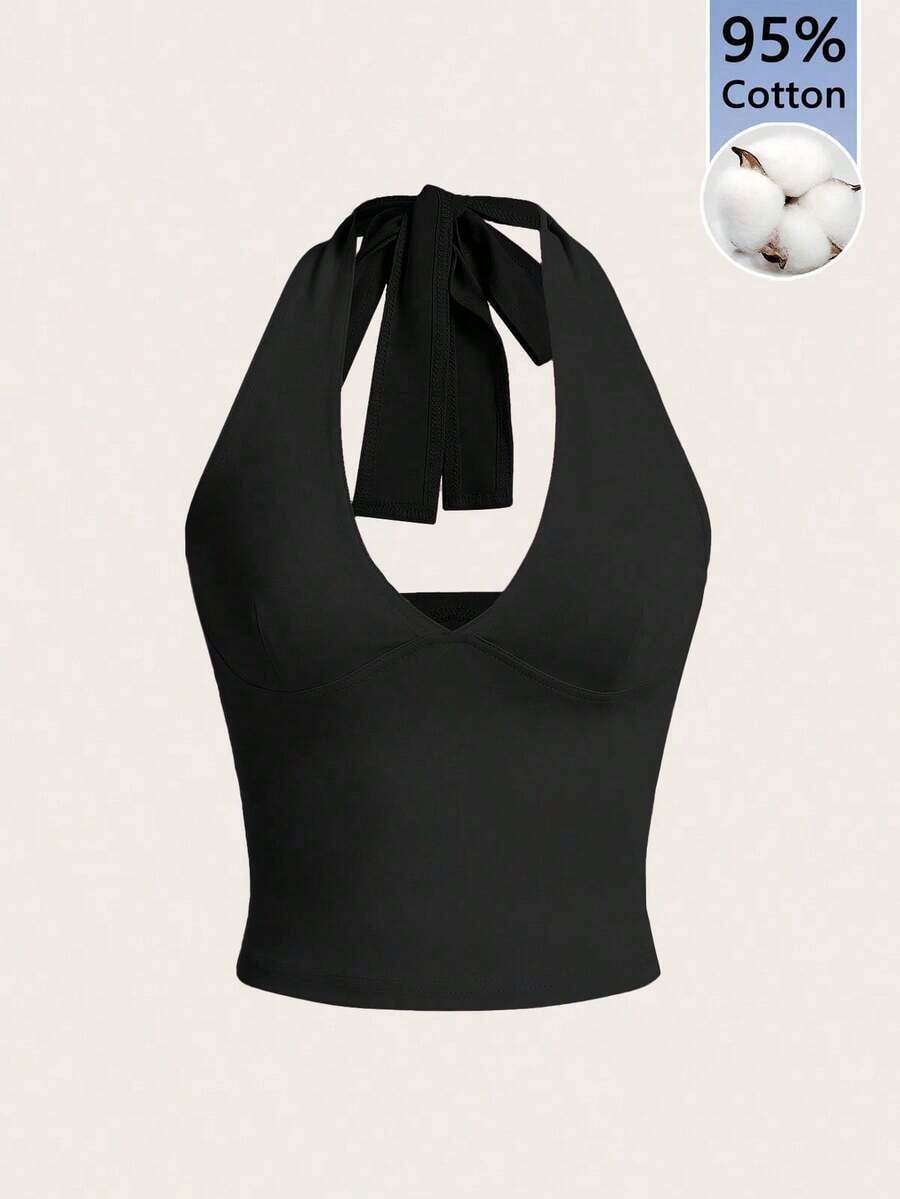 Moderno top sólido con diseño calado, cuello halter y escote en V para mujer - Negro 2 - Ver 1