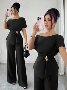 Elegante conjunto de dos piezas de moda urbana para mujer, adecuado para uso diario, bodas, galas, ir al trabajo, fiestas de graduación, vacaciones, citas, fiestas, Halloween, Navidad, Año Nuevo, Acción de Gracias.Pantalones anchos de cintura con hebilla metálica asimétrica de un hombro en color azul marino. - Negro - Ver 8