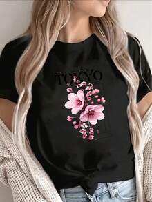 Women's T-Shirt Made Of Pure Cotton, Loose Casual Style, With A Tokyo Cherry Blossom Design, Lightweight And Durable, Suitable For Home, Cafes Or Casual Outdoor Use, With A Soft And Comfortable Fabric For Everyday Wear. - 黑色 - 查看 1