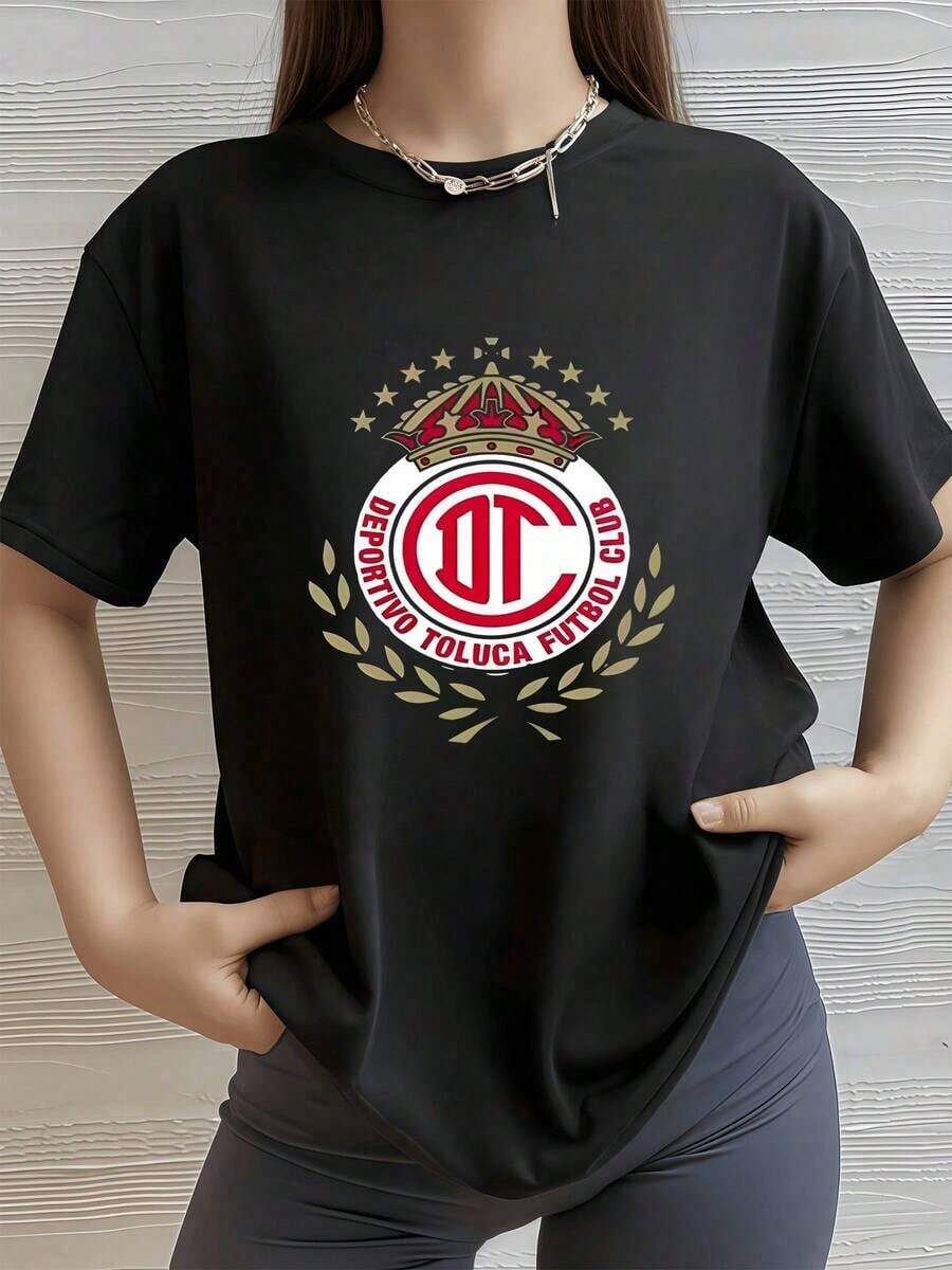 NewSummerCasualEscudo con corona y estrellas que simboliza orgullo deportivo pasión y unión del equipo Deportivo Toluca camiseta de mujer 100% algodón suave y cómoda para uso diario-Vintage Street Style Unisex Loose Cotton Short Sleeve Crew Neck T-Shirt - Negro - Ver 1