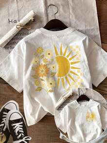 [Local Delivery] Women's Summer Loose Fit T-Shirt With A Combination Of Sun And Yellow Flowers, In A Warm And Relaxing Style. Printed T-Shirt For Women, Versatile Short Sleeve Top, Comfortable And Breathable. Classic Crew Neck Design, Suitable For Daily Wear, Dates Or Casual Wear. - 白色 - 查看 7