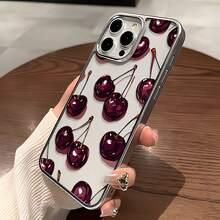 1pc Electroplated Transparent Minimalist Lens Protection Anti-Fall Anti-Collision Full Screen Black Purple Cherry Shadow Pattern Phone Case, Personalized For IPhone 16 Pro Max, 17/16/15/14 Plus/13/12/11, Air - Multicolor - View 2