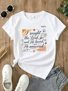 Women's Casual White T-Shirt With Inspirational Quote Print "I Sought The Lord And He Answered Me," Short-Sleeved Top With Geometric Floral Print, Boho Style For Everyday Wear. Limited Time Offer, Limited Quantity Available, Lightning Bolt, Women's Shirts, Women's T-Shirts - 白色 - 查看 4