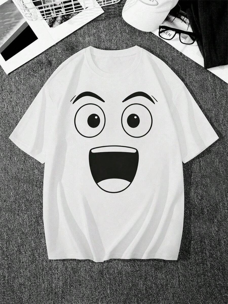 Camisetas con Estampado de Cara de Robot de Anime, Camisetas Divertidas, Camisetas Gráficas, 180g, Holgadas, Cuello Redondo, Manga Corta, Ligeras, Ropa de Mujer, Camisetas Harajuku, Camisetas, Tops de Verano - Blanco 3 - Ver 1