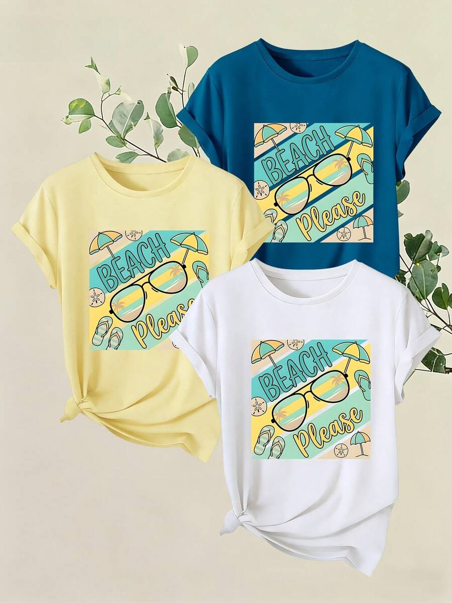 Women's T-Shirts, Women's T-Shirts, 1 Piece Set, Women's Short Sleeve T-Shirts, Short Sleeve T-Shirts With Round Neck And "Beach Please" Print, Casual Style For Spring And Summer Beach Vacation, Women's T-Shirt. - 1件白色隨機圖案 - 查看 1