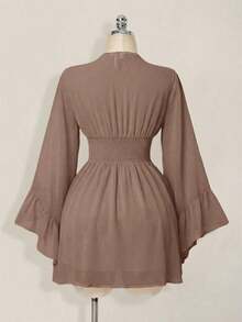 Vestido corto elegante de manga larga con cuello en V y cintura ceñida de unicolor para mujer - Caqui - Ver 2