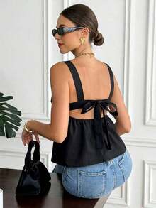 Camiseta de tirantes de algodón de unicolor casual para mujer - Negro - Ver 2