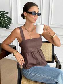 Camiseta de tirantes de algodón de unicolor casual para mujer - Marrón 2 - Ver 5