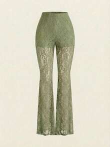 Pantalones elegantes de cintura alta con volantes de encaje para mujer, para citas, salidas nocturnas, para otoño e invierno - Verde Niebla - Ver 6