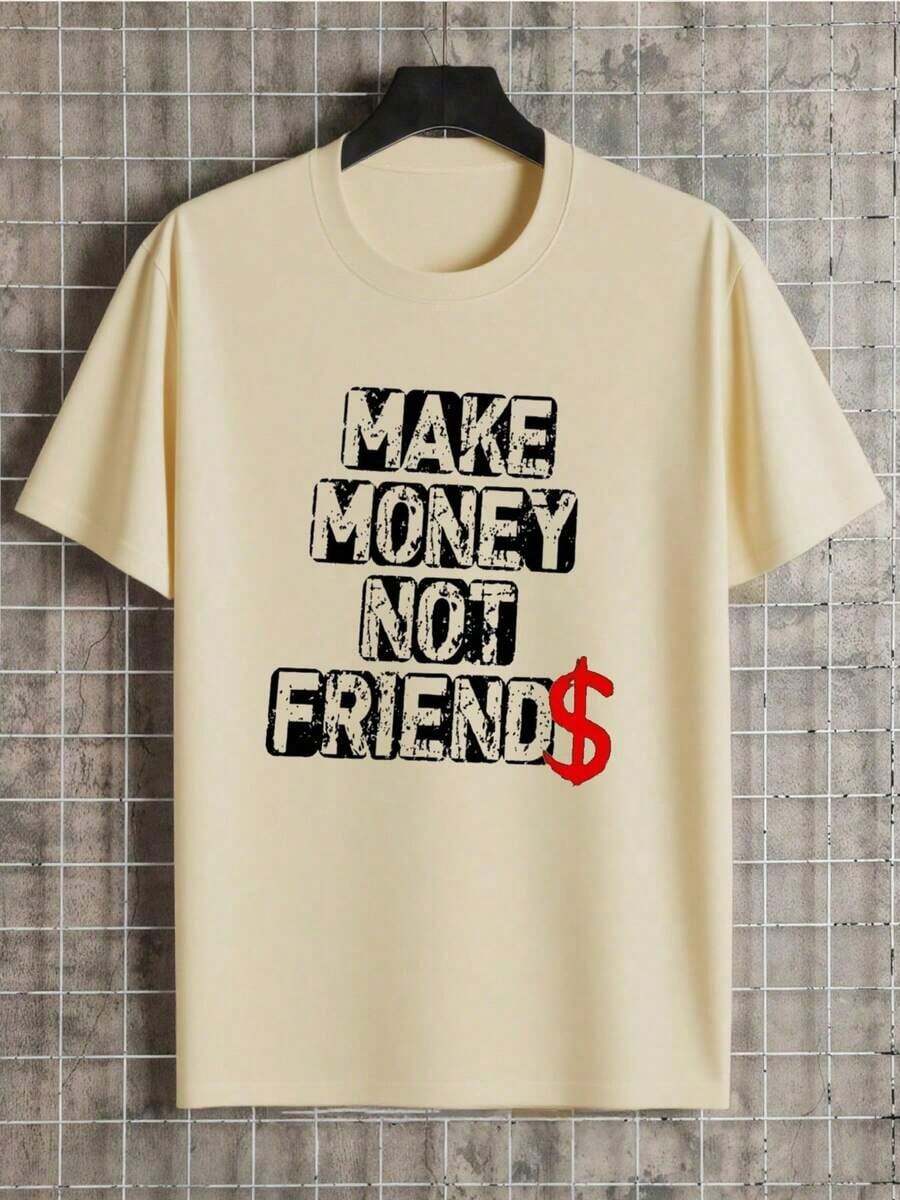 Premium Unisex Casual T-Shirts, Men's 100% Cotton T-Shirt With The Phrase 'Make Money Not Friends', Thick 220g Cotton T-Shirt For Men For Christmas (1 Piece) - 杏色 - 查看 1