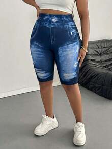 Leggings básicos de color liso para mujer de talla grande, apropiados para shorts de verano hasta la mitad del muslo, adecuados para personas de estatura talla grande baja, leggings de cintura alta, para uso diario, ocio, deportes, vera - Azul y blanco - Ver 7