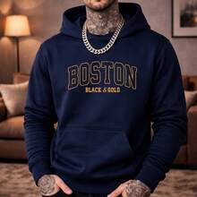 Men's Kangaroo Hoodie Sweatshirt, Cotton Fleece Jacket - Navy Blue - View 1