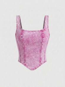 Parte superior de tirantes anchos y cierre trasero de mezclilla casual negra para mujer - Rosa - Ver 5