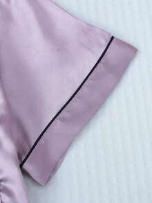 Conjunto de pijama de 2 piezas con camisa de manga corta con solapa y pantalones cortos con moño, ropa de dormir para mujer, conjunto de dos piezas - Lila Púrpura - Ver 6
