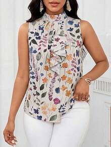 Lady Blusa sin mangas con estampado floral elegante y volante en el bajo, para verano - Multicolor - Ver 1