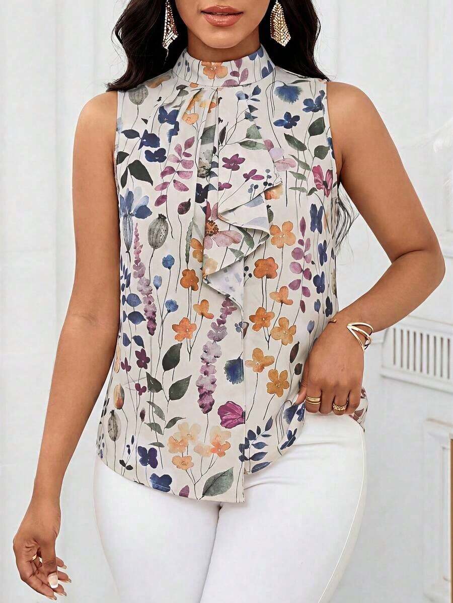 Lady Blusa sin mangas con estampado floral elegante y volante en el bajo, para verano - Multicolor - Ver 1