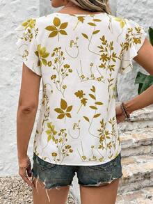 Blusa de cuello redondo con volantes y estampado de sombras florales primaverales para mujeres - Verde - Ver 2