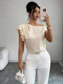 Ellegaria.Blusa elegante y sexy con hombro descubierto asimétrico, con volantes - Albaricoque - Ver 3