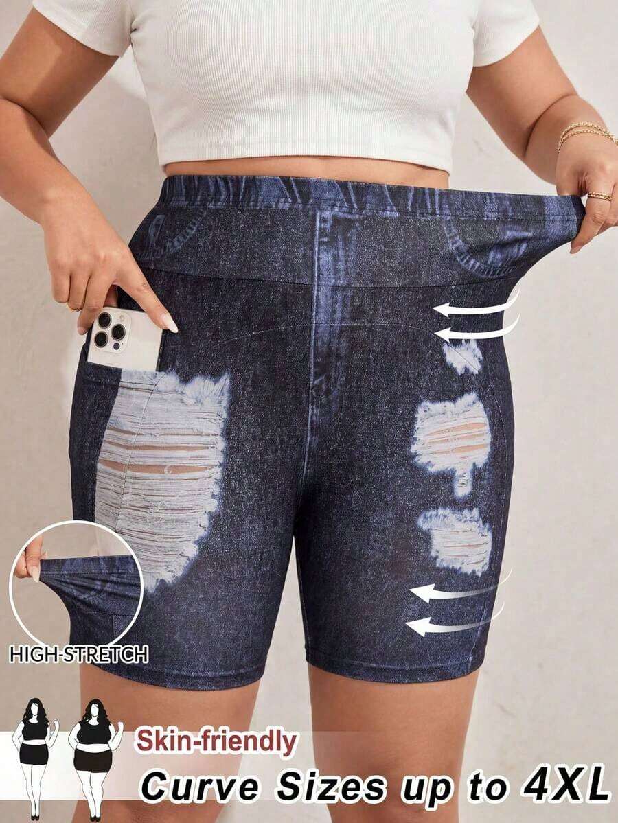 Pantalones cortos deportivos de cintura alta básicos y casuales para mujer de talla grande en color negro, con bolsillo, adecuados para entrenamiento de verano y ropa deportiva - Azul - Ver 1