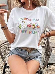 Women's Casual T-Shirt "It's Okay To Be Different" - White With Colorful Print And Positive Message - 白色 - 查看 2