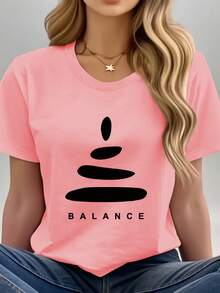 [Camiseta de mujer] Camiseta de manga corta para mujer 100% moda, con estampado de óvalos horizontales en degradé y la palabra "BALANCE", elegante, cómoda, suave y transpirable - [Blanco] - Ver 7