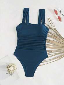 Swim Basics Traje de baño de una pieza con hombros fruncidos de unicolor, estilo minimalista bohemio de festival para mujer - Azul marino 2 - Ver 8