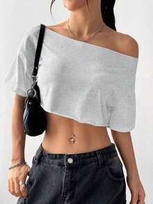 Top corto asimétrico de mujer con cuello blanco y flecos, camiseta de manga corta de moda versátil Y2K oversize y sexy, para primavera/verano - Gris Claro - Ver 9