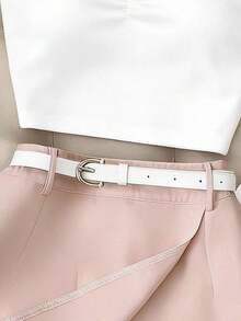 Nuevo conjunto de verano sexy de 2 piezas con top corto de tirantes finos y lazo delantero en contraste + shorts caqui, falda corta con cinturón, conjunto de 2 piezas de primavera/verano para mujer, conjunto casual de verano para mujer, conjunto - Rosa - Ver 3