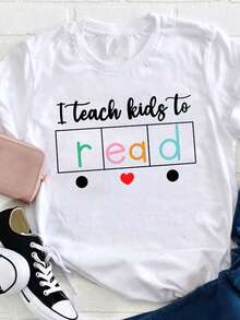 1 camiseta de "I Teach Reading" para maestras, camiseta casual de cuello redondo para mujer, 180g 100% algodón. - Blanco - Ver 1