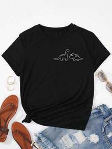 SimpieAndVersatileDesignMinimalist Casual Shirt  Camiseta con estampado de dinosaurio, blusas gráficas para mujerCottonT-Shirt - Negro - Ver 7