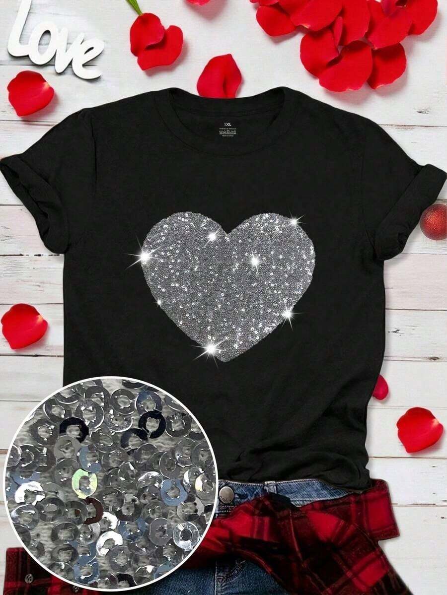 Women's Plus Size Casual Short Sleeve T-Shirt With Round Neck And Heart-Shaped Rhinestones For Valentine's Day - 3 - 查看 1