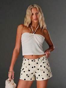 Shorts vaqueros de mujer con bolsillo con solapa y estampado de lunares, casuales para el verano - Blanco y Negro - Ver 5